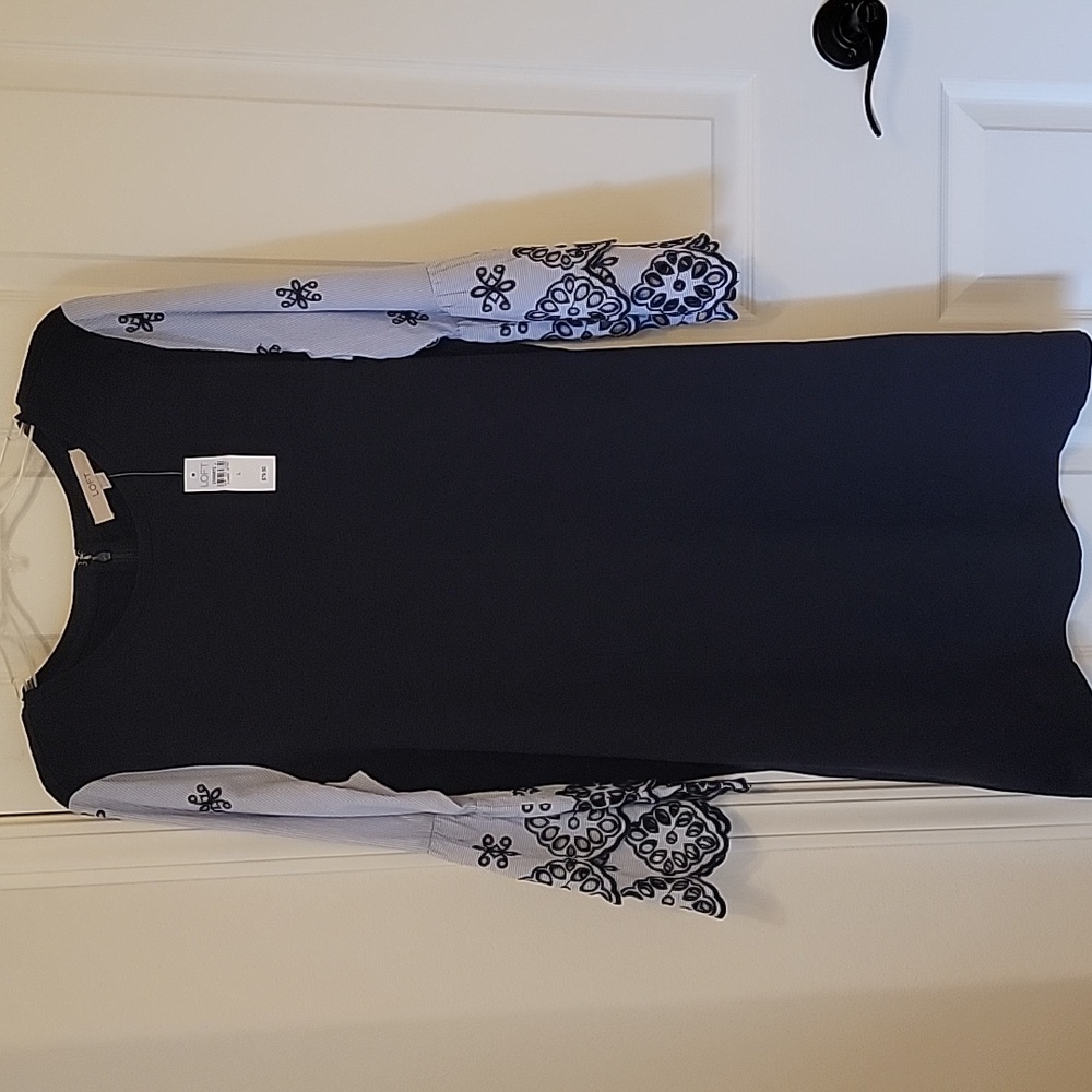 Nwt Loft Navy Shift Dress Eyelet Sleeve Large - Picture 2 of 7